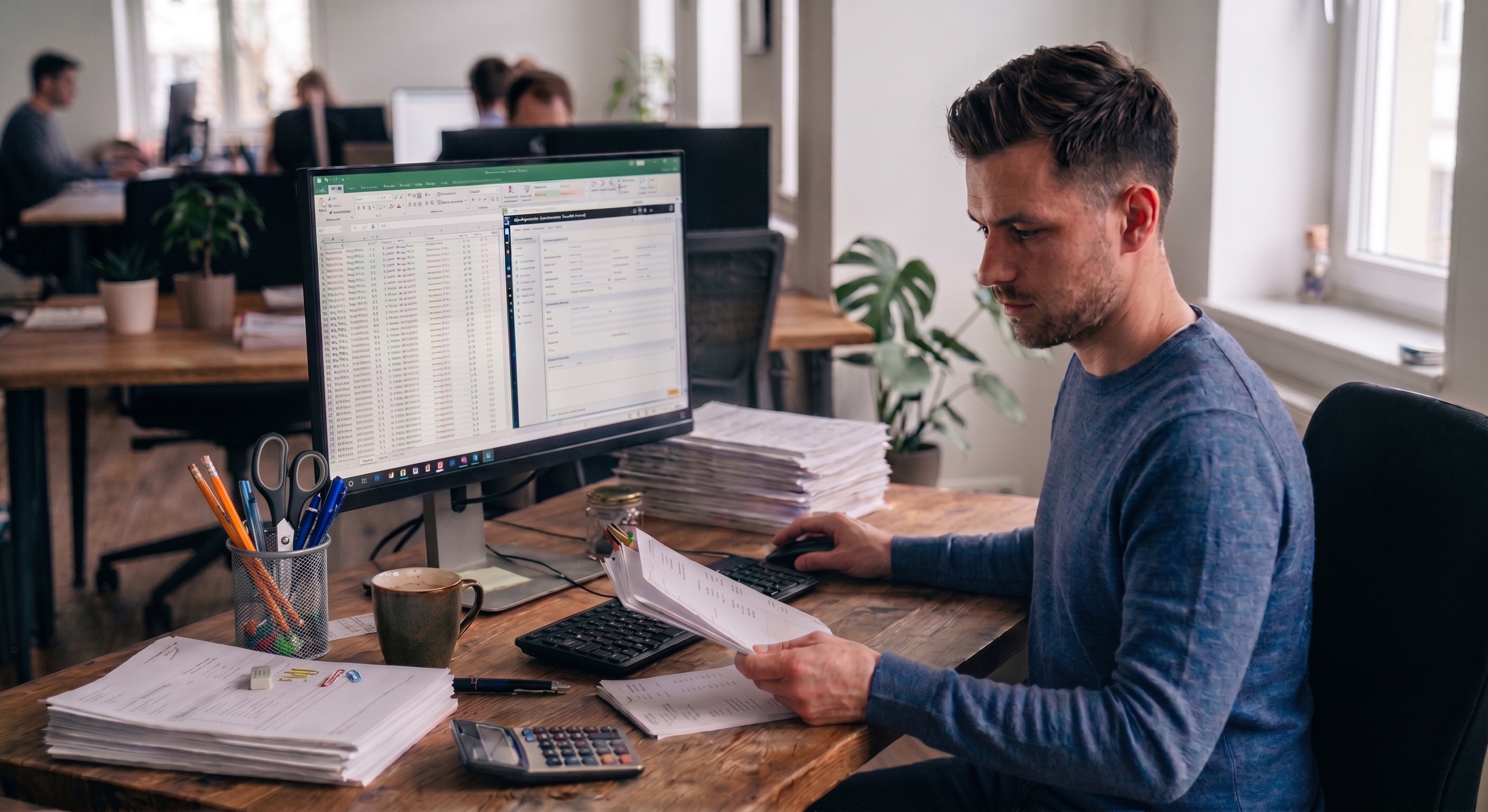 Empleado copiando datos manualmente entre una hoja de Excel y otro programa de gestión, con papeles y calculadora sobre la mesa